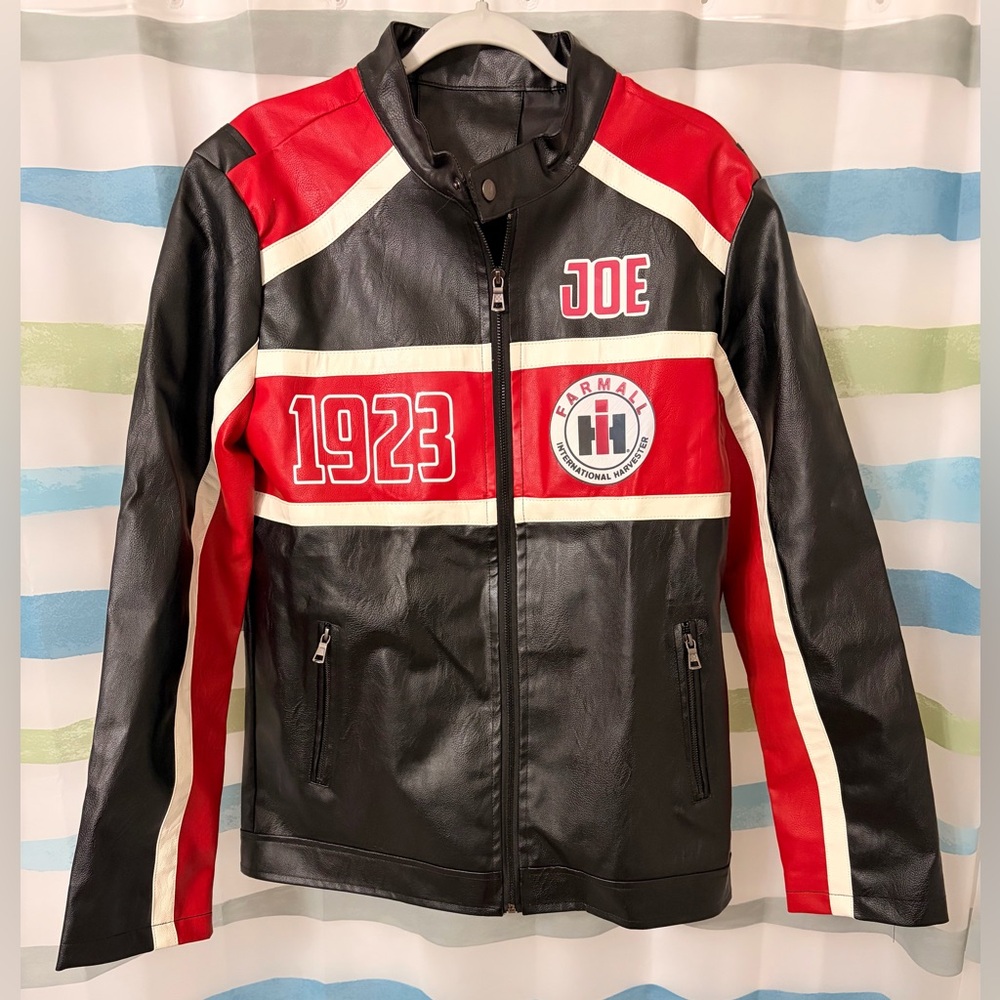Farmall Motorcycle Biker Jacker Size: Large Faux Leather Black/White/Red (P51)